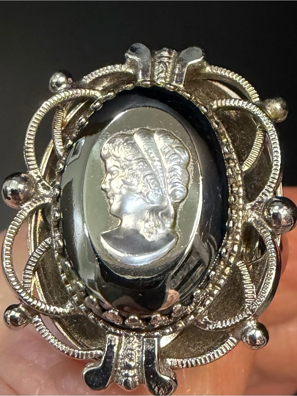 Whiting & Davis-Mesh Bags/Victorian Revival-Hematite Glass Intaglio Cameo Ring